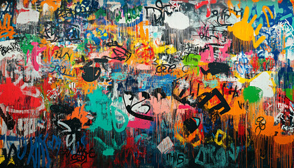 Fototapeta premium A wall filled with bold, colorful graffiti tags and street art, giving an edgy, urban feel full of energy
