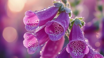 Fototapeta premium Vibrant purple foxgloves glistening with dew, showcasing delicate petals in a serene garden setting, capturing the essence of nature's beauty and tranquility.