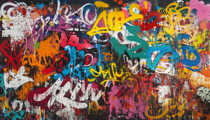 Fototapeta premium A wall filled with bold, colorful graffiti tags and street art, giving an edgy, urban feel full of energy