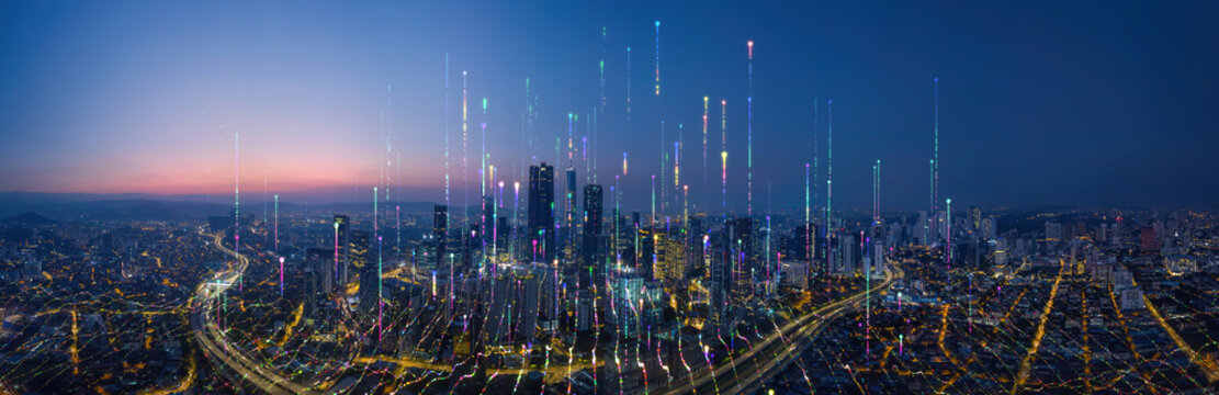 Modern city connecting through wireless communication network technology - Powered by Adobe