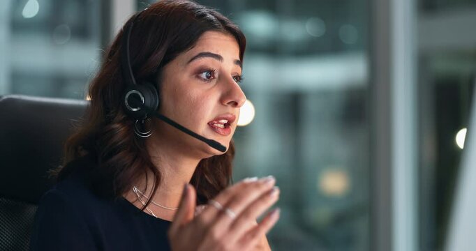 Woman, call center and talking with hands or microphone for advice, customer service with sales for loan. Female operator, discussion or telemarketing with explaining for payment schedule with debt