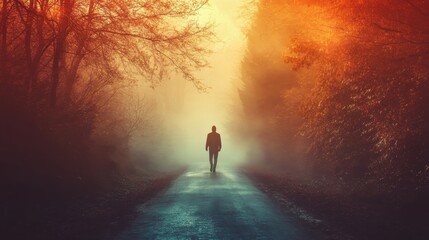 Obraz premium Solitary Figure Walking Through Misty Forest Path