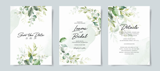Greenery watercolor wedding invitation card template. Leaves decoration wedding card. © hengkidesen