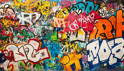 Obraz premium A wall filled with bold, colorful graffiti tags and street art, giving an edgy, urban feel full of energy