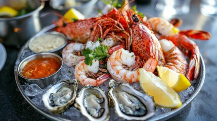 A delicious seafood platter with grilled shrimp, lobster, oysters, and lemon wedges, served on a bed of ice with dipping sauces