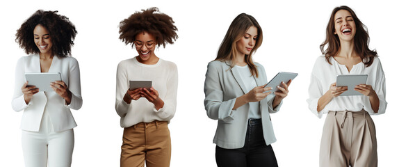 Diverse Group of Women Using Tablets on Transparent Background for Business and Technology Concepts