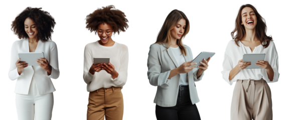 Diverse Group of Women Using Tablets on Transparent Background for Business and Technology Concepts