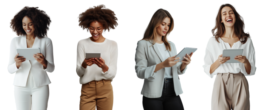 Diverse Group of Women Using Tablets on Transparent Background for Business and Technology Concepts