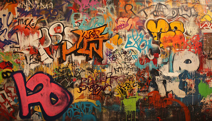 Fototapeta premium A wall filled with bold, colorful graffiti tags and street art, giving an edgy, urban feel full of energy