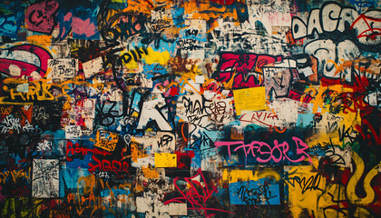 A wall filled with bold, colorful graffiti tags and street art, giving an edgy, urban feel full of energy