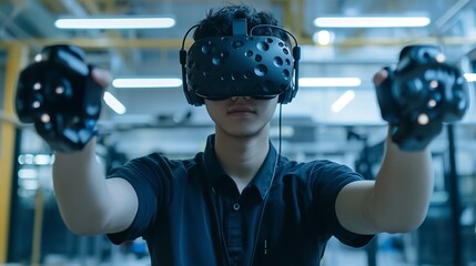 Young tech savvy professional wearing advanced virtual reality headset and interacting with futuristic digital equipment in a sleek innovative office workspace  Concept of immersive technology