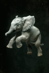 Image of a wild elephant jumping and floating in mid-air, black background.