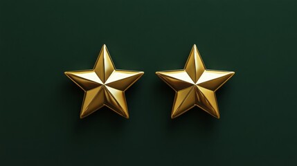 Obraz premium Two shining golden stars rest side by side on a deep green backdrop, showcasing their intricate design and polished surface, creating an attractive and eye-catching display.