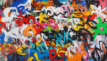 A wall filled with bold, colorful graffiti tags and street art, giving an edgy, urban feel full of energy