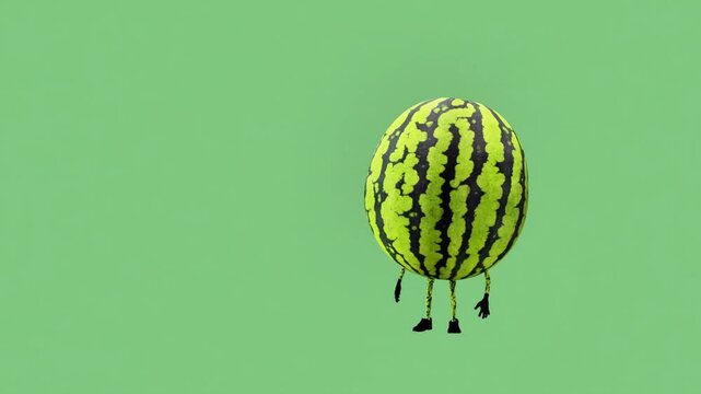 3D animation of a watermelon character looking around curiously. This video is loopable and perfect for creative, humorous, and fun projects. Green background enhances versatility for keying or compos