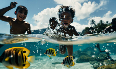 three boys swimming with tropical fish at the beach, in the tropics, fiji setting, holiday and vacation themed lifestyle photo, childhood joy and fun