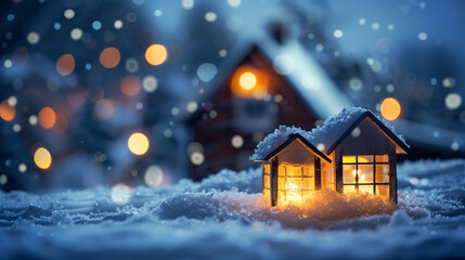 Glowing miniature house in snow with warm lights and bokeh background, creating a magical winter scene