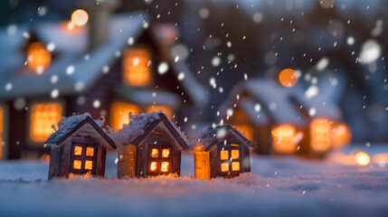 Naklejka premium Glowing miniature house in snow with warm lights and bokeh background, creating a magical winter scene