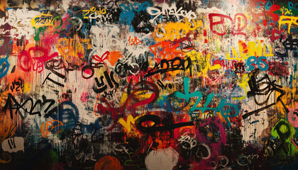 Fototapeta premium A wall filled with bold, colorful graffiti tags and street art, giving an edgy, urban feel full of energy