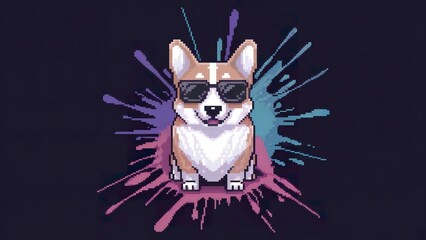 A pixel art of a central corgi wearing sunglasses on a solid black background