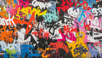 Obraz premium A wall filled with bold, colorful graffiti tags and street art, giving an edgy, urban feel full of energy