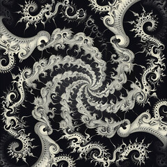 Intricate black and white spiral fractal pattern with flowing, organic shapes creating a mesmerizing whirlpool effect.