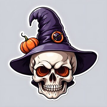 recommend clip art: Halloween skull decal with witch hat. white background.