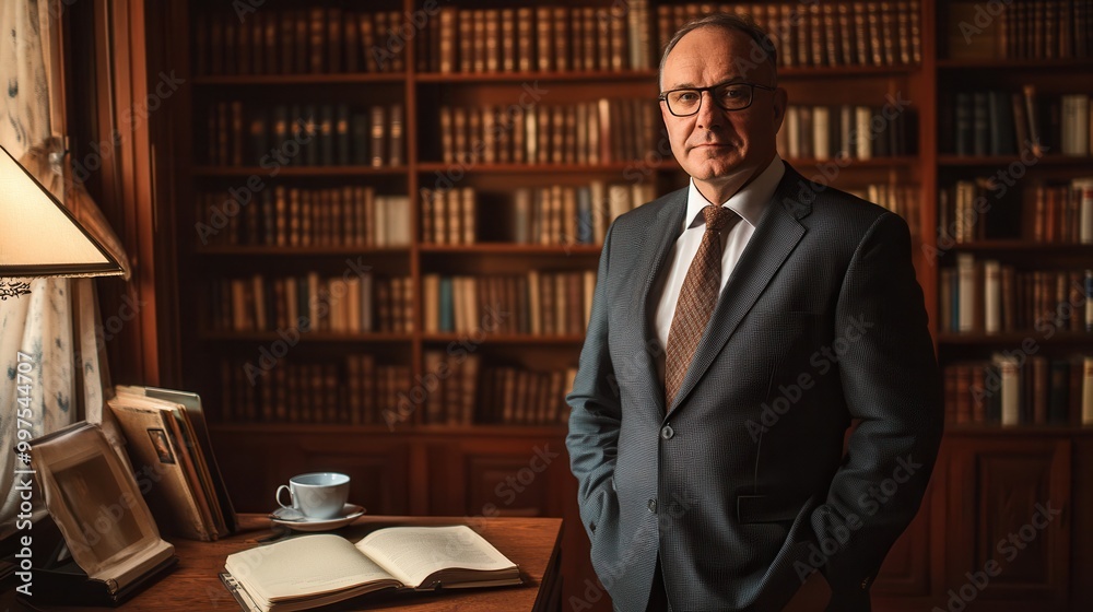 Poster the professor exudes confidence while standing in a suit by a bookshelf, ready to share knowledge an