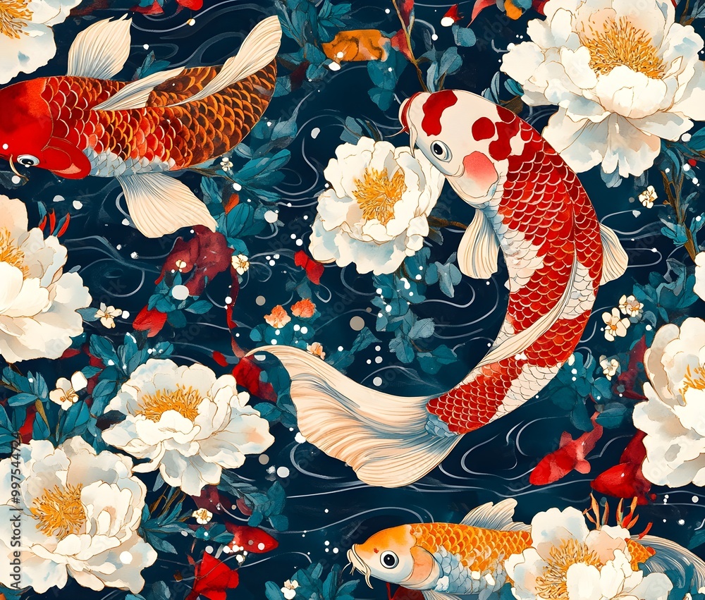 Sticker koi fish and peonies