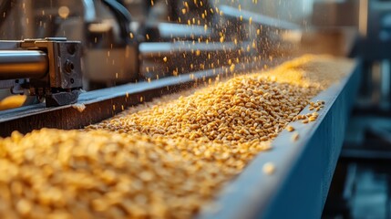 Automated Grain Processing Conveyor in Modern Industrial Facility with Golden Wheat Kernels