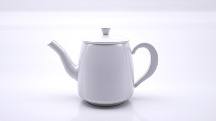 A minimalistic white ceramic teapot with a simple design, curved handle, and long spout, displayed on a reflective white surface, ideal for tea or coffee serving.