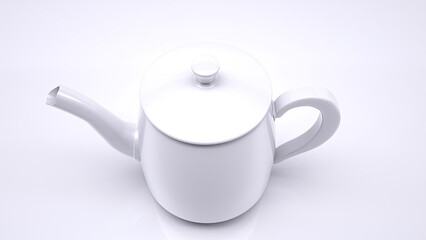 A minimalistic white ceramic teapot with a simple design, curved handle, and long spout, displayed on a reflective white surface, ideal for tea or coffee serving.
