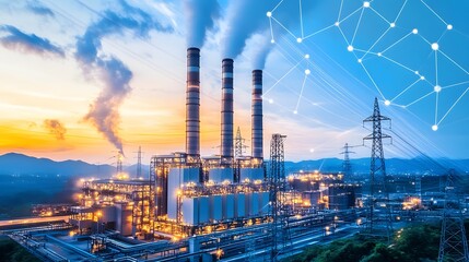 Obraz premium A large industrial plant with three tall smokestacks and a network of power lines. The sky is cloudy and the sun is setting