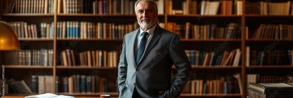Poster a distinguished professor poses confidently in a tailored suit, surrounded by a wealth of books in a