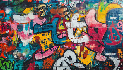 Fototapeta premium A wall filled with bold, colorful graffiti tags and street art, giving an edgy, urban feel full of energy