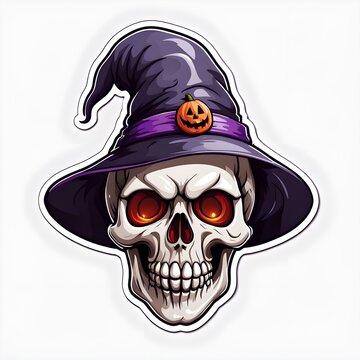 recommend clip art: Halloween skull decal with witch hat. white background.
