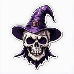 Fototapeta premium Halloween skull decal with witch hat. white background.