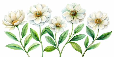 Fototapeta premium Watercolor of five white flowers with green stems and leaves