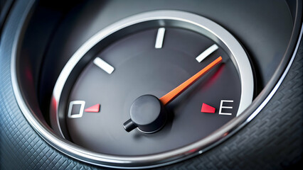 Low fuel gauge displaying on car dashboard, Low fuel, gauge, car, dashboard, warning, empty, petrol, gasoline, vehicle