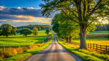 Fototapeta premium Rural country road surrounded by trees and fields , scenic, landscape, countryside, tranquil, pathway, nature, peaceful, rural