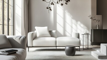 A modern fabric chair mockup, featuring a sleek design upholstered in white fabric, placed in a stylish living room with natural lighting.