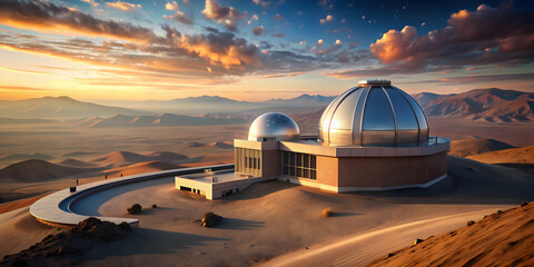 An observatory with futuristic architecture surrounded by desert landscape, observatory, desert, astronomy, telescope