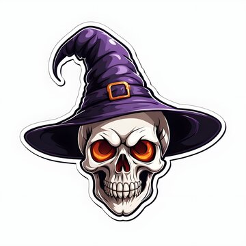 recommend clip art: Halloween skull decal with witch hat. white background.