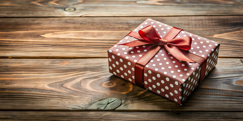 Fototapeta premium Polka dot gift box on wooden table, gift, present, box, polka dot, pattern, wooden, table, decoration, surprise