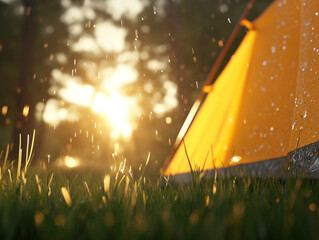 vibrant sunrise illuminates camping scene, with raindrops glistening on bright orange tent. lush green grass adds to serene atmosphere of nature
