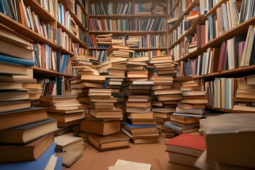 Cozy Bookshop Interior Depicting Serendipitous Book Spill   A Customer Accidentally Knocks Over a Stack of Books Leading to the Discovery of a Rare Valuable Volume