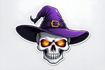 Halloween skull decal with witch hat. white background.