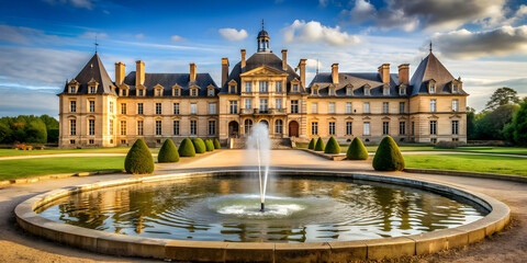 Obraz premium Ancient castle with fountain in the suburbs of France , castle, ancient, architecture, Europe, historical, landmark