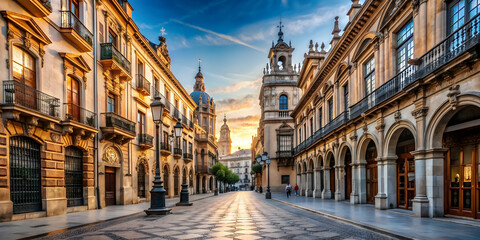Fototapeta premium Empty European ancient street with intricate architecture, perfect for tourist sightseeing, panorama, wide, ancient