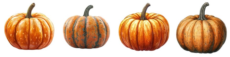 A collection of four distinct pumpkins showcasing varying colors and textures, isolated on a white background.